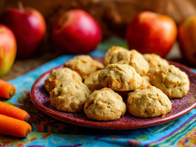 Ein Teller mit Apfel-Karotten-Wölkchen. Im Hintergrund sind ganze Äpfel und Karotten als Dekoration zu sehen.