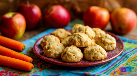 Ein Teller mit Apfel-Karotten-Wölkchen. Im Hintergrund sind ganze Äpfel und Karotten als Dekoration zu sehen.