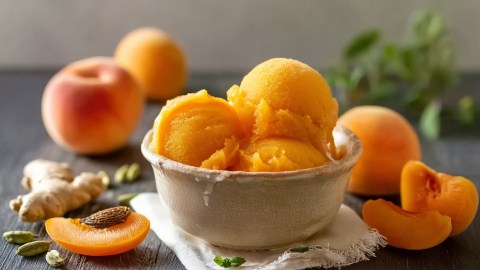 Eine kleine Keramikschale mit ein paar Kugeln Aprikosen-Sorbet. Drum herum liegen einige frische Aprikosen, ein paar Aprikosenstücke sowie frischer Ingwer und einige Kardamomkapseln. Die Schale steht auf einem kleinen Stoffuntersetzer.