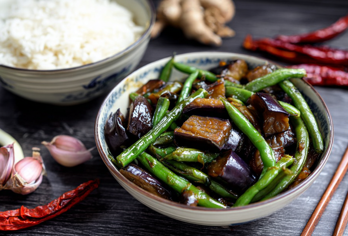 Eine Schale Auberginen-Bohnen-Stir-Fry, serviert mit einer Schale Reis.