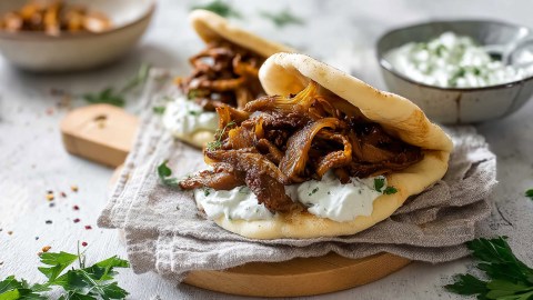 Ein Pitabrot, das mit veganem Zaziki und Austernpilz-Gyros gefüllt ist und auf einer Stoffserviette auf einem Holzbrett serviert ist. Im Hintergrund kann man eine Schale Zaziki und eine Schale mit etwas Gyros sehen. Außerdem liegen frische Kräuter verstreut.