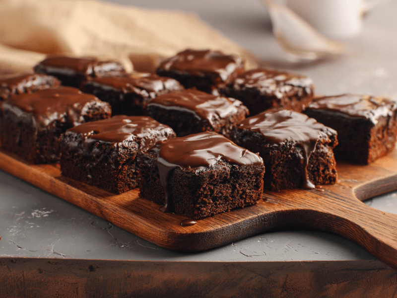 Mehrere Avocado-Brownies mit frischer Schokoglasur auf einem Holzbrett. Links und rechts davon liegen einige Kaffeebohnen. Im Hintergrund liegt ein beigefarbenes Tuch.