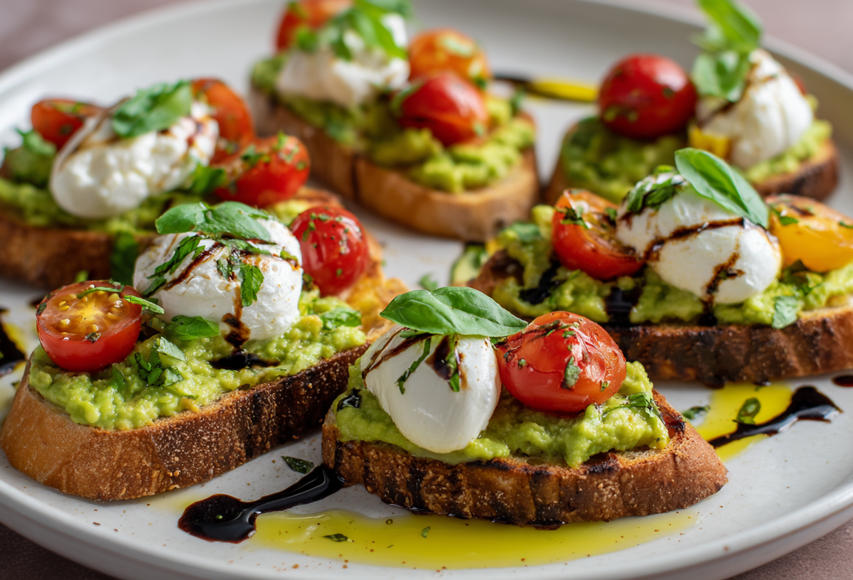 Ein Teller, angerichtet mit Avocado-Burrata-Bruschetta. Olivenöl und Balsamicocreme als Garnitur oben drauf.