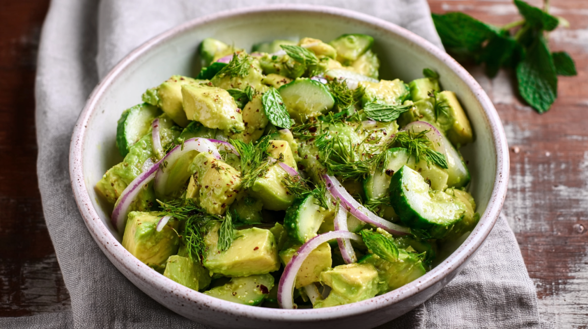 Eine Schale Avocado-Gurkensalat mit roten Zwiebeln.
