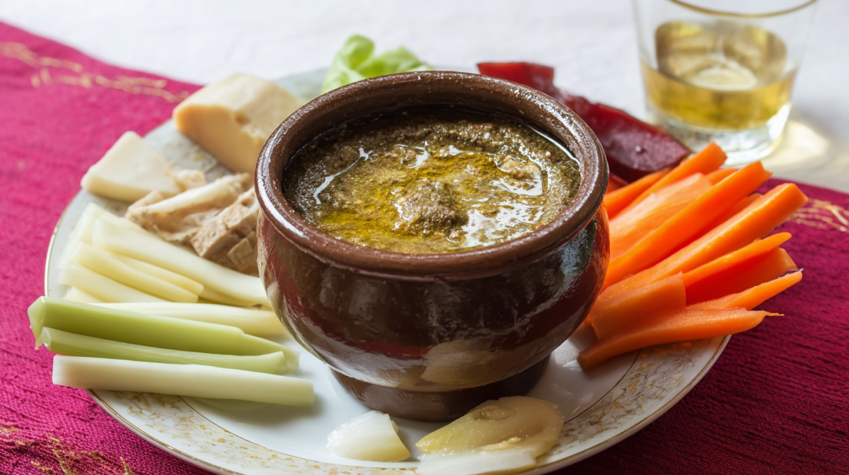 Eine TOnschale mit Bagna Cauda: italienischem Sardellen-Dip. Drum herum sind Gemüsesticks und Käsestückchen angeordnet.