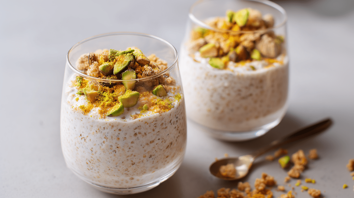 Zwei Gläser mit Baklava Overnight Oats. Daneben liegt ein kleiner Löffel und etwas Nuss-Crunch.