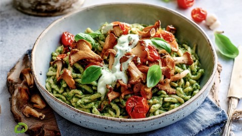 Eine Portion Basilikum-Spätzle mit Pfifferlingsragout.