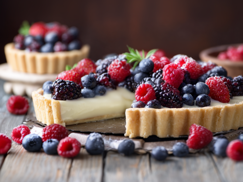 Angeschnittene Beerentarte mit weißer Schokolade auf einem Tablett. Einige Beeren als Deko davor.