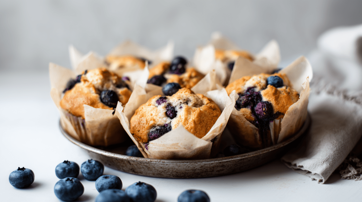 Mehrere Blaubeer-Kardamom-Muffins in einer kleinen Metallschale. Davor liegen einige Blaubeeren.