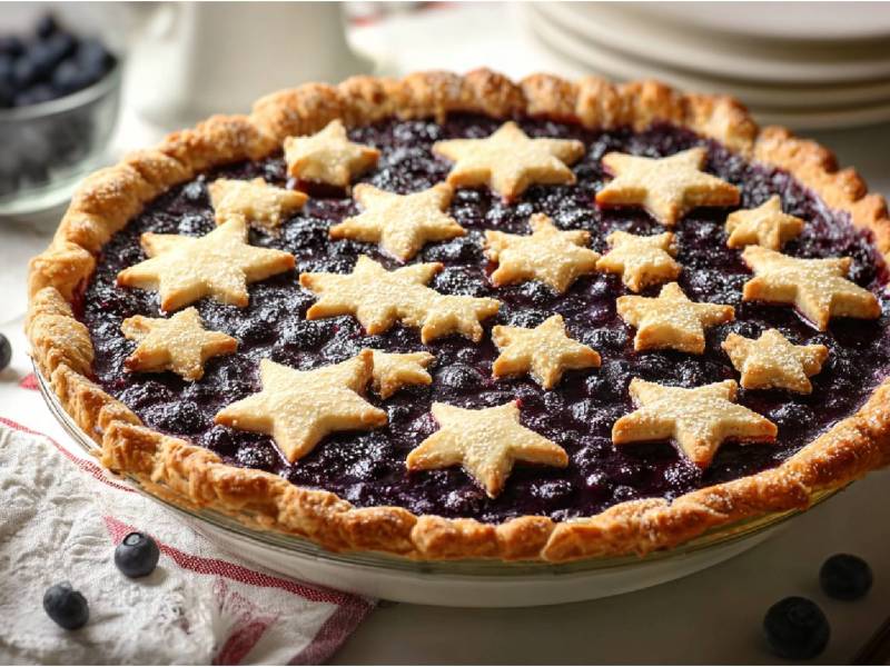 Ein Heidelbeer-Lavendel-Pie auf einem Tisch