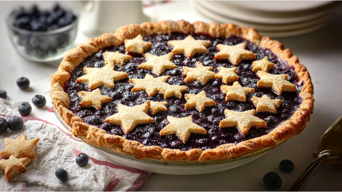 Ein Heidelbeer-Lavendel-Pie auf einem Tisch