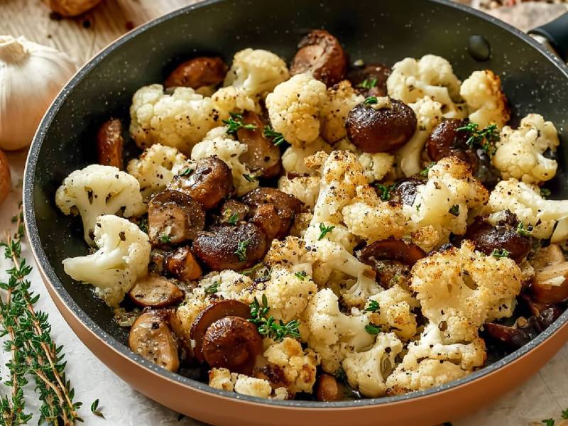Blumenkohl-Champignon-Pfanne auf einem Tisch