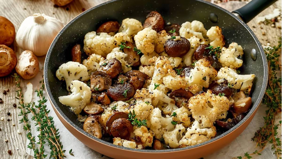 Blumenkohl-Champignon-Pfanne auf einem Tisch