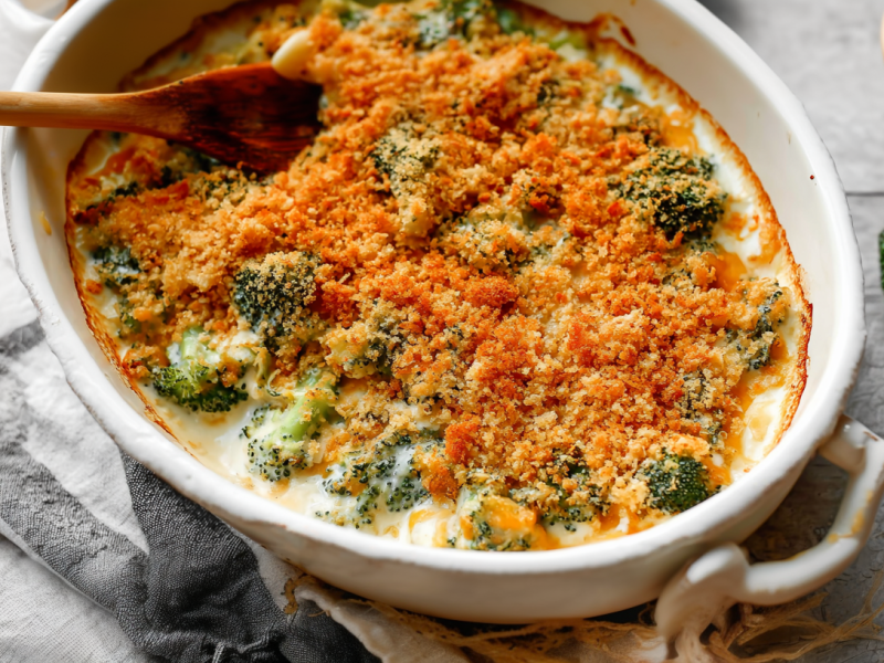Eine ovale Auflaufform mit Brokkoli-Käse-Auflauf und einem Holzlöffel darin.