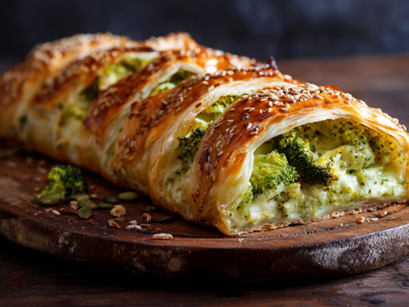 Ein Brokkoli-Käse-Strudel liegt auf einem Brett.