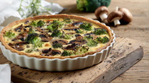 Eine Brokkoli-Pilz-Quiche in einer Quicheform auf einem Holzbrett. Im Hintergrund sieht man noch einige Champignons sowie einen Brokkkoli.