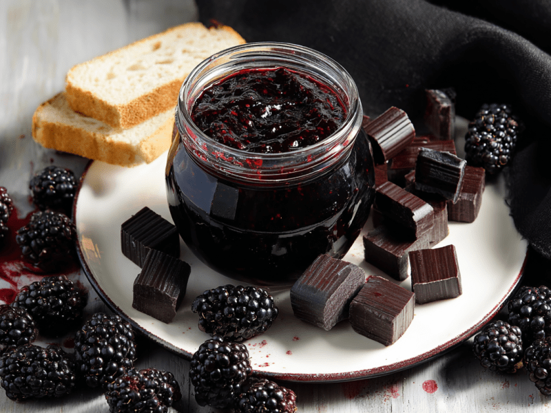 Ein Glas Brombeer-Lakritz-Marmelade, daneben liegen Brombeeren und Lakritzbonbons.