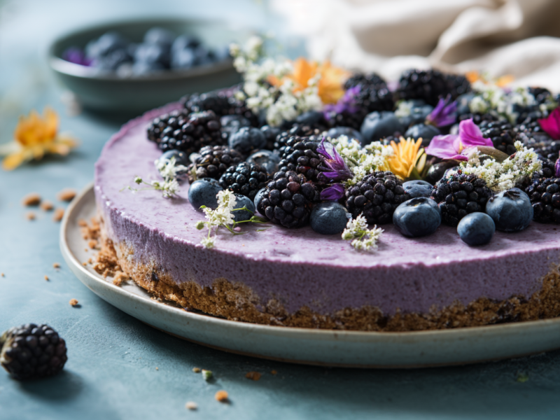 Brombeer-Mousse-Tarte, serviert auf einem Teller mit frischen Beeren und Blüten.