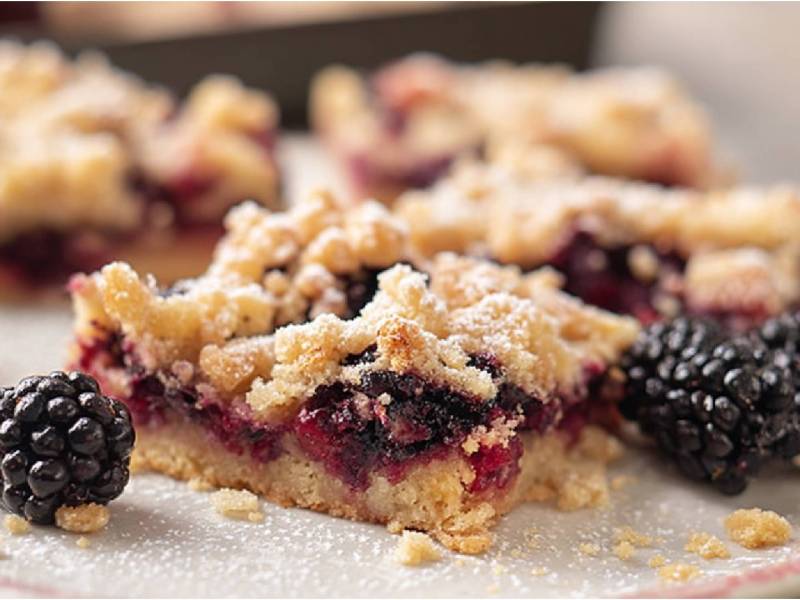 Brombeer-Streuselschnitten auf einem Teller