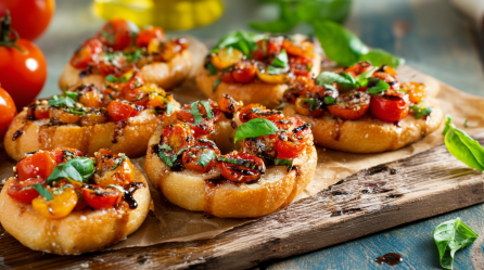 Mehrere Bruschetta-Bagel liegen auf einem Holzbrett. Sie sind mit Tomaten, Basilikum und Balsamico-Essig garniert. Links im Bild sieht man einige Tomaten, rechts liegen noch frische Basilikumblätter.
