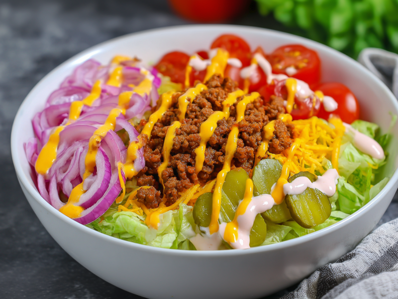 Eine Schüssel voller Burger Bowl. Etwas Salat und Tomaten als Deko im Hintergrund sowie ein Stück Handtuch.