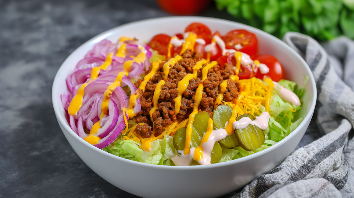 Eine Schüssel voller Burger Bowl. Etwas Salat und Tomaten als Deko im Hintergrund sowie ein Stück Handtuch.