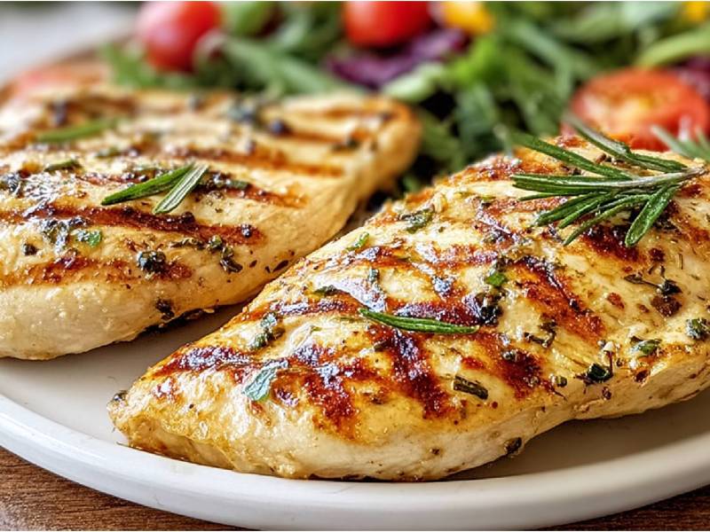 Teller mit zwei Buttermilch-Hähnchen vom Grill und Salatbeilage