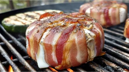 zwei Camembert im Speckmantel auf einem Grillrost