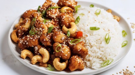 Ein Teller Cashew-Hähnchen mit Reis.