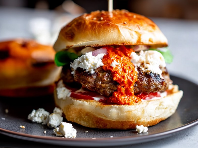 Ein Cevapcici-Burger, der auf einem Teller liegt.