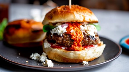 Ein Cevapcici-Burger, der auf einem Teller liegt.