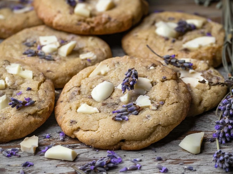 Einige Chocolate Chip Cookies mit weißer Schokolade und Lavendel, die auf einem rustikalen Holztisch liegen und mit einigen Lavendelblüten bestreut sind. Rechts liegen einige frische Lavendelzweige. Im Vordergrund kann man Stückchen weißer Schokolade sehen.