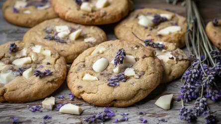 Einige Chocolate Chip Cookies mit weißer Schokolade und Lavendel, die auf einem rustikalen Holztisch liegen und mit einigen Lavendelblüten bestreut sind. Rechts liegen einige frische Lavendelzweige. Im Vordergrund kann man Stückchen weißer Schokolade sehen.