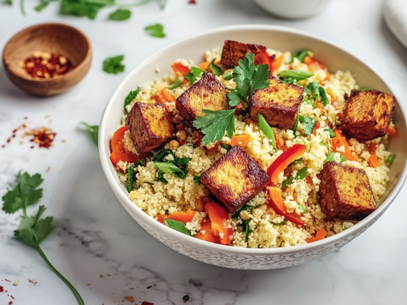 Warmer Couscous-Salat mit Tofu in einer Schüssel.