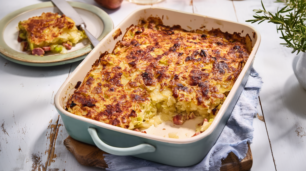 Eine Auflaufform mit einem Döppekuchen steht auf einem Brett auf einem blauen Tuch. Links im Hintergrund ist ein Teller mit einem Stück des Auflaufs. Rechts im Bild sieht man frischen Rosmarin.