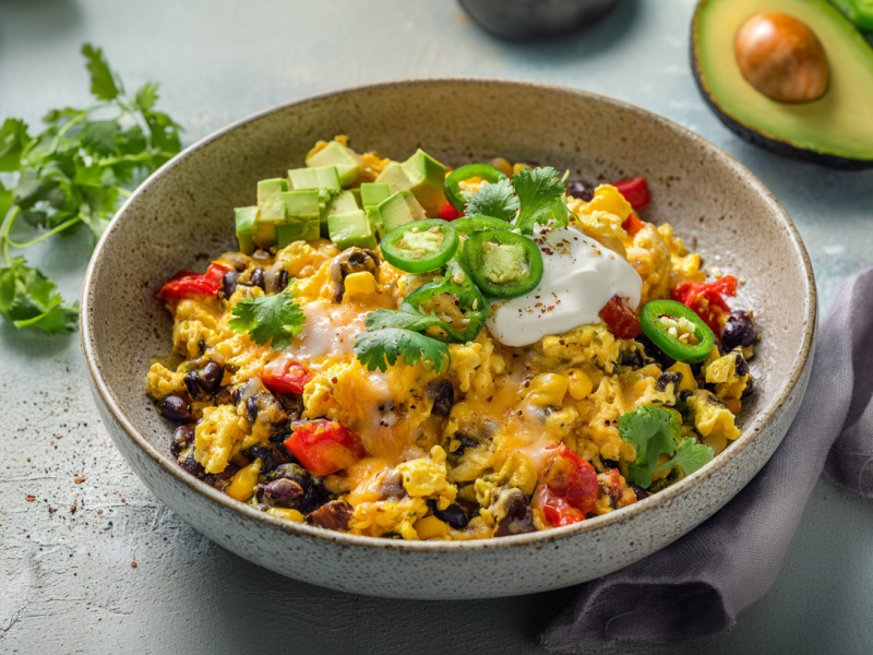 Eine Schale mit Enchilada-Rührei steht auf einem grauen Tisch. Darum verteilt liegen einige Zutaten und rechts neben der Schale ein graues Tuch.