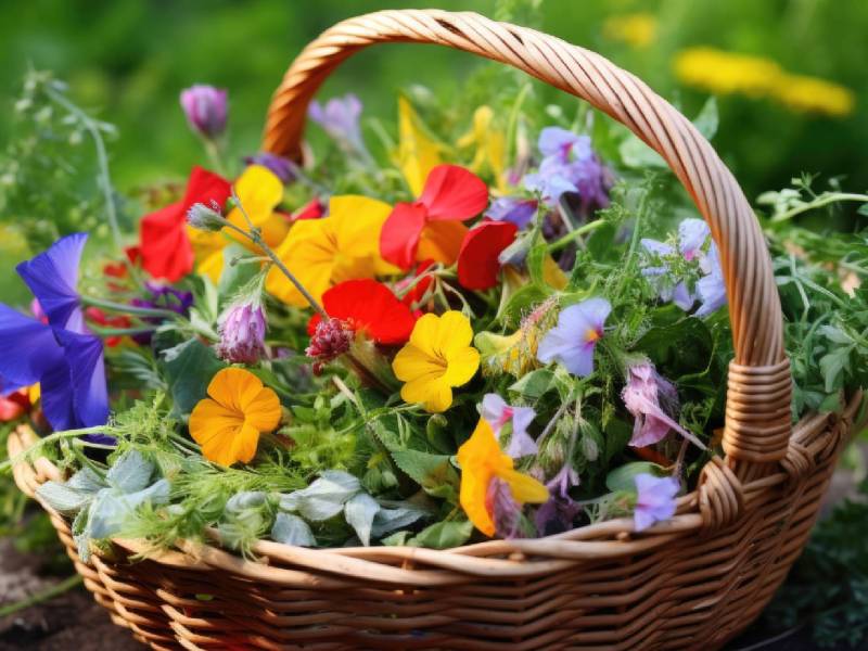 Korb mit Kräutern und essbaren Blüten auf einer Wiese