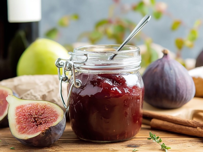 Ein Einmachglas mit Feigen-Rotwein-Marmelade, in dem ein Löffel steckt. Ringsum liegen halbierte und ganze Feigen, Zimtstangen, Thymian und eine Zitrone. Im Hintergrund kann man eine Rotweinflasche erkennen.