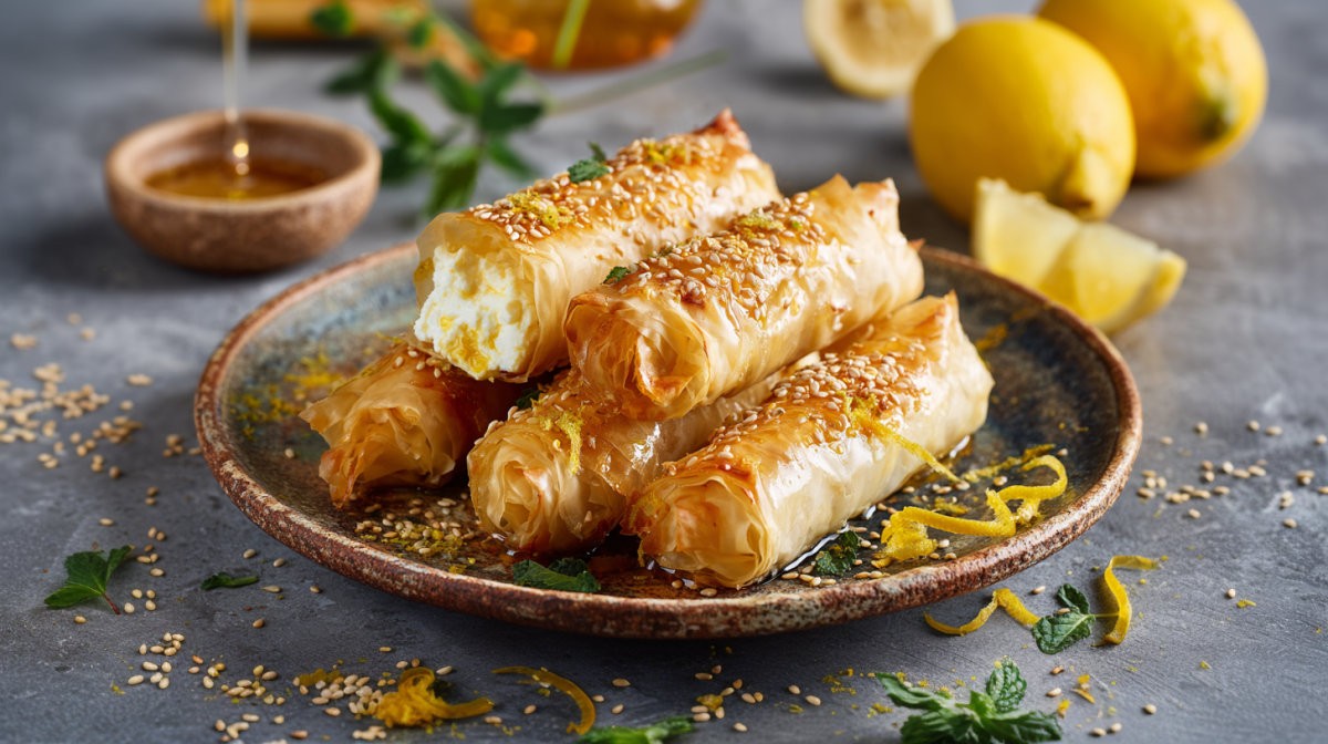 Fünf Rollen Feta im Filoteig liegen auf einem kleinen Teller. Sie sind mit Honig beträufelt, mit Sesamsamen bestreut und mit Zitronenschalenabrieb garniert. Links im Hintergrund sieht man eine Honigschale, rechts liegen zwei Zitronen.