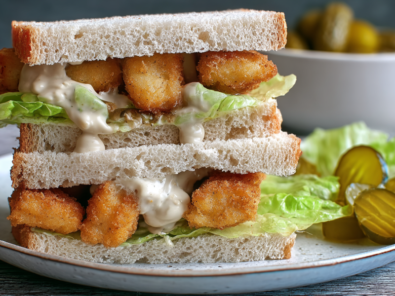Fischstäbchen-Sandwich auf einem Teller. Daneben Gewürzgurken und Salat.
