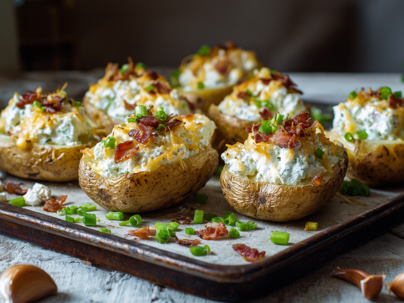 Sieben Flammkuchen-Kartoffeln liegen auf einem Backblech. Drumherum verteilt liegen Frühlingszwiebeln und Knoblauchzehen.