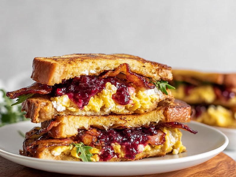 Ein Teller mit einem aufgeschnittenen French-Toast-Sandwich. Beide Hälften sind aufeinander gestapelt. Im Hintergrund kann man einen weiteren Teller mit einem French Toast Sandwich erkennen, sowie etwas frischen Rucola und eine kleine Schale mit Preiselbeermarmelade.