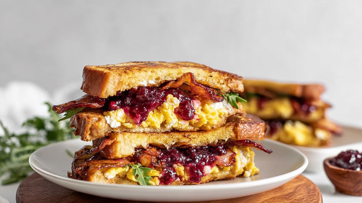Ein Teller mit einem aufgeschnittenen French-Toast-Sandwich. Beide Hälften sind aufeinander gestapelt. Im Hintergrund kann man einen weiteren Teller mit einem French Toast Sandwich erkennen, sowie etwas frischen Rucola und eine kleine Schale mit Preiselbeermarmelade.