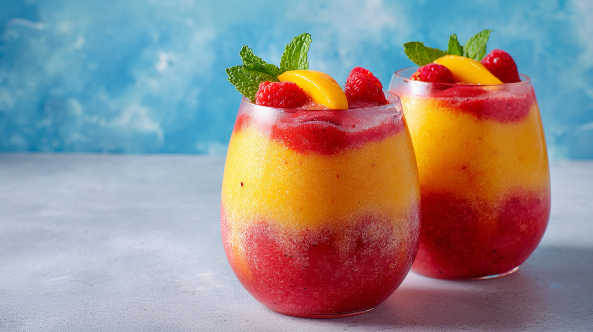 Zwei Gläser mit Frozen Tropical Smoothie, garniert mit frischen Himbeeren, Mango und Minze.