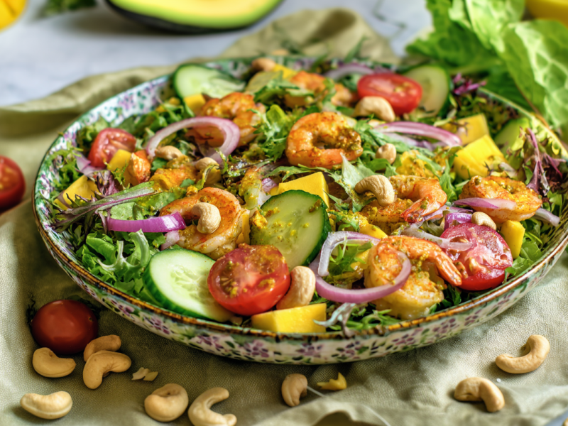 Ein Garnelen-Mangosalat auf einem tiefen Teller. Er ist mit gebratenen Garnelen zubereitet und mit Cashewkernen bestreut. Rund um den Teller verteilt liegen Cashewkerne, Gurkenscheiben, Tomaten und eine halbierte Zitrone. im Hintergrund sieht man eine angeschnittene Mango und Avocado.