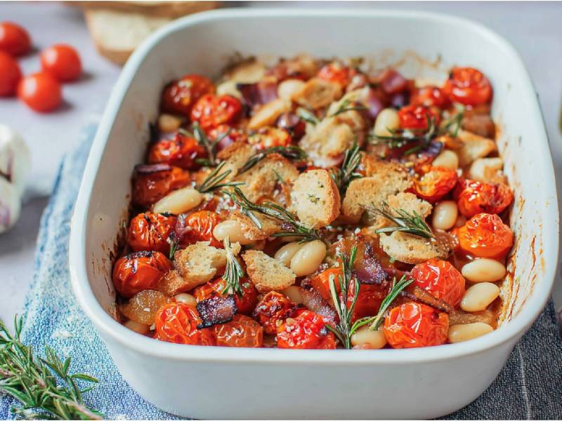 Auflaufform mit gebackenen Bohnen mit Speck