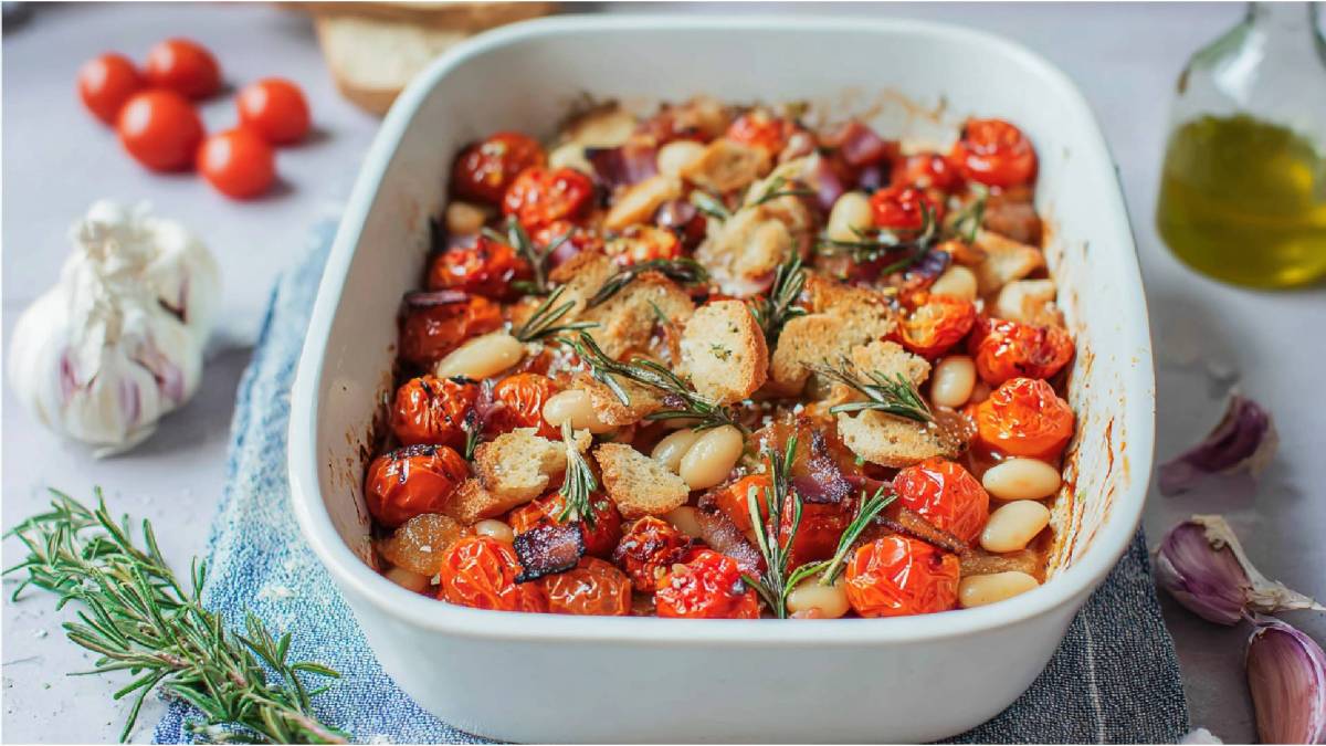 Auflaufform mit gebackenen Bohnen mit Speck