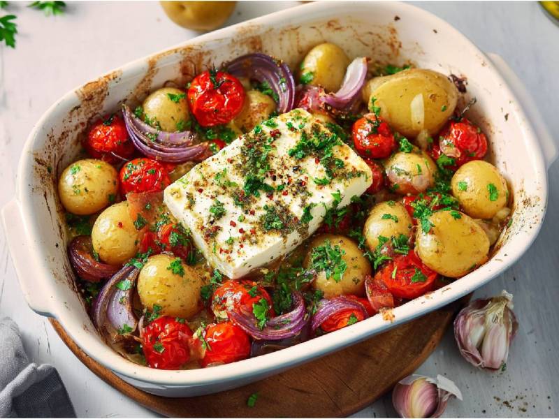 Auflaufform mit Gebackene Feta-Kartoffeln