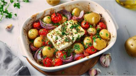 Auflaufform mit Gebackene Feta-Kartoffeln