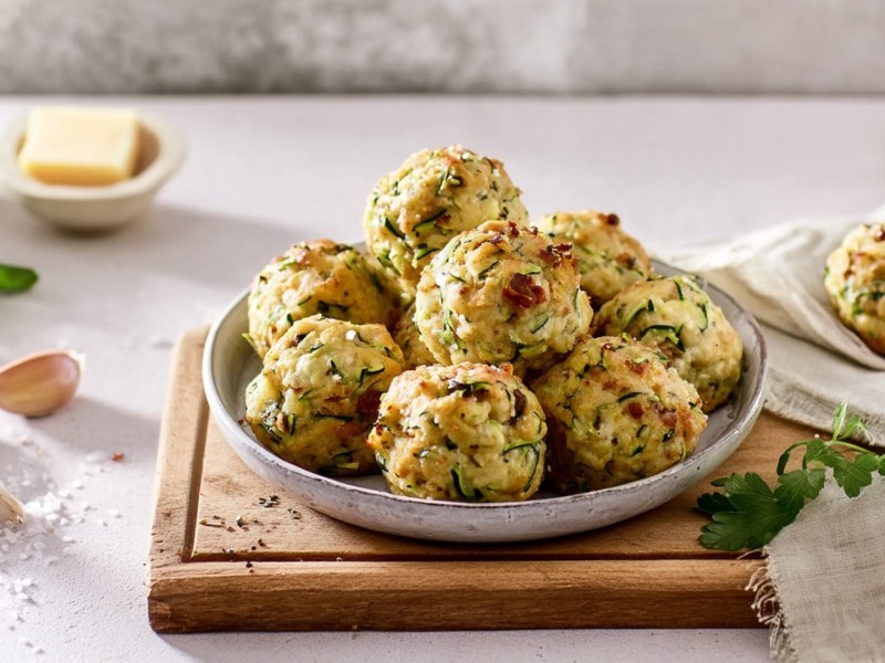 Ein Teller, der auf einem Holzbrett steht und in dem einige gebackene Zucchini-Knödel liegen. Außerdem kann man im Bild zwei kleine Schalen mit jeweils einem Stück Butter, Knoblauchzehen und verstreutes Mehl sehen.